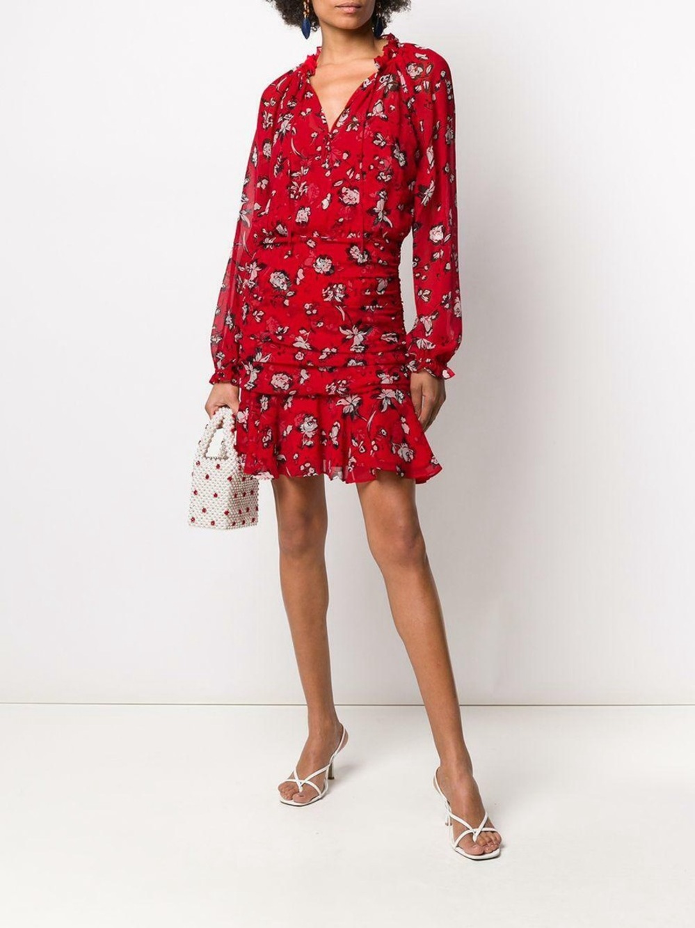 Veronica Beard Alena Floral Print Silk Mini Dress Red Ruched | Size 12